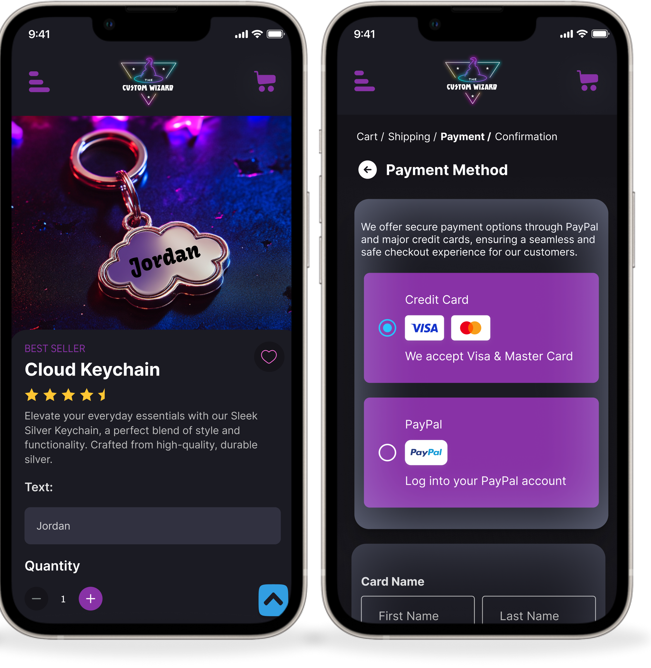 Two high fidelity mobile screens: the Cloud Keychain product detail with the personalized name rendered on the product, a best seller tag, rating, text field and quantity stepper; and the payment method step with credit card and PayPal options and the card name fields